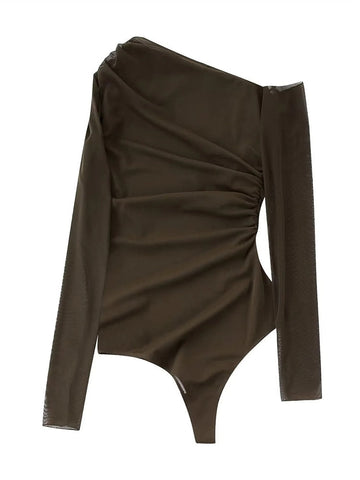 Yipinpay Brown Mesh Bodysuit Women Long Sleeve Body Woman Tulle See Through Bodysuit Lingerie Sexy Off Shoulder Asymmetrical Top